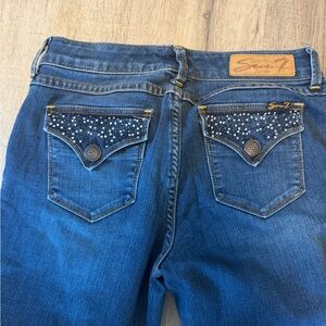 Seven7 Women's Dark Blue Bootcut Jeans with Rhinestone Pocket Flaps